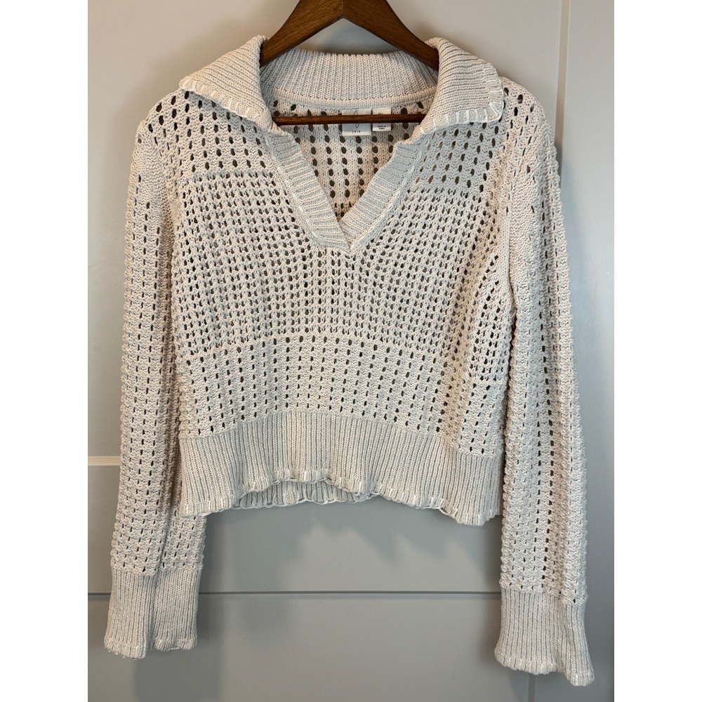 Joie Cream Beige Open Knit Crochet Fisherman Pullover Sweater Size Large - Picture 1 of 7